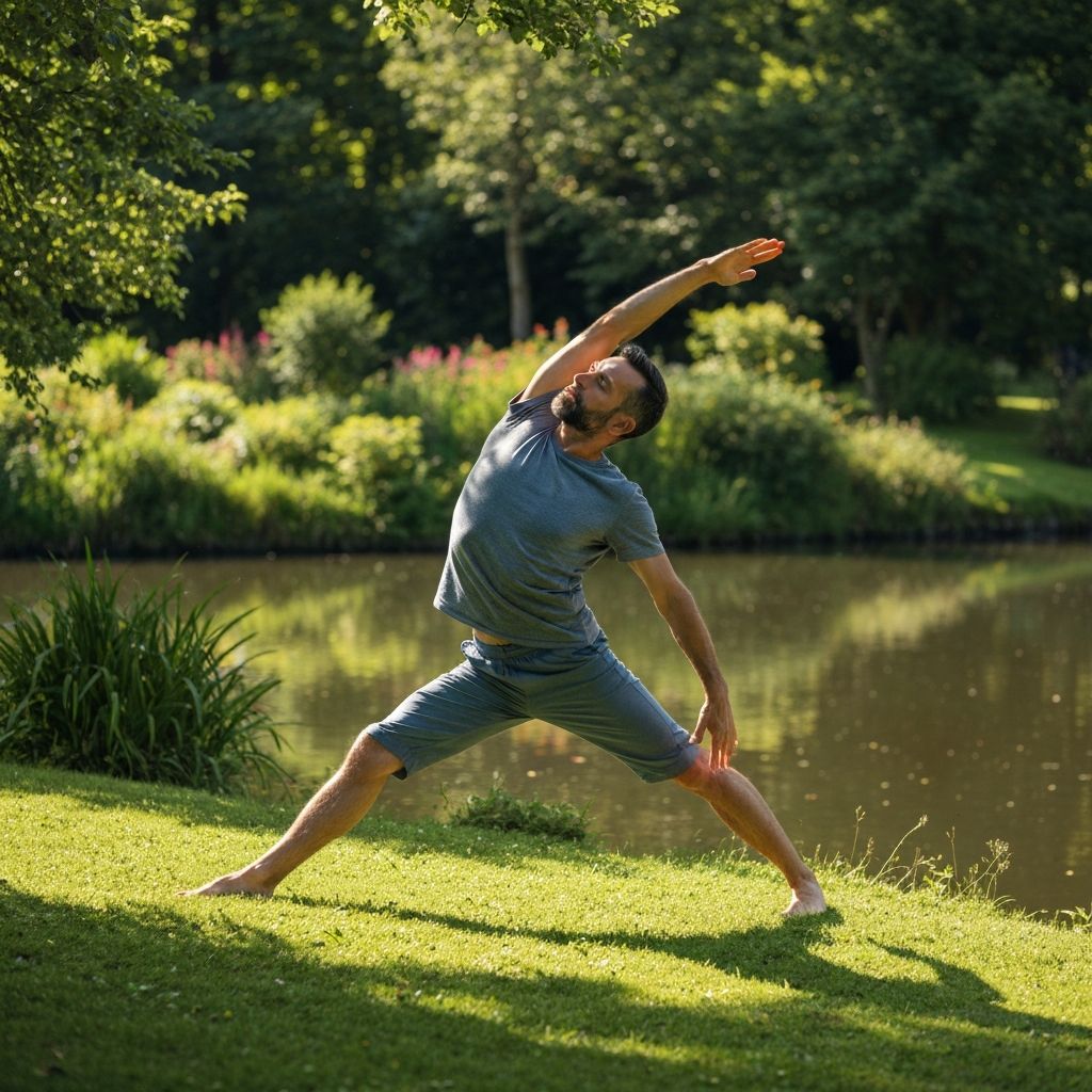 Man doing yoga and stretching by water peacefully