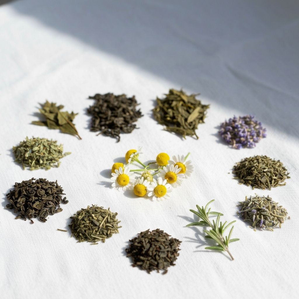 Dried green tea leaves and chamomile flowers